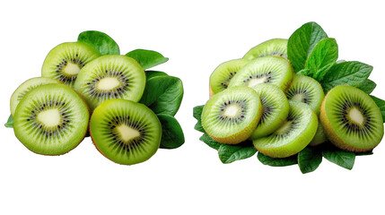 Two slices of kiwi fruit with green leaves on top