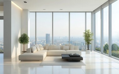 Fototapeta premium A contemporary living room with clean lines and minimalistic furniture in a soft, neutral color palette. 