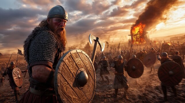 Dramatic Viking Raiding Scene Depicting a Battle Between Invaders and Defenders in a Coastal Village with a Fiery Background