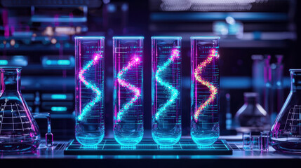 Fototapeta premium Colorful laboratory scene with glowing test tubes and vibrant liquids, showcasing scientific innovation and creativity