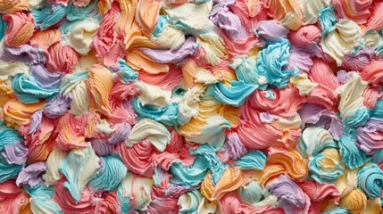 Ice cream scoops fill the entire frame, top view,