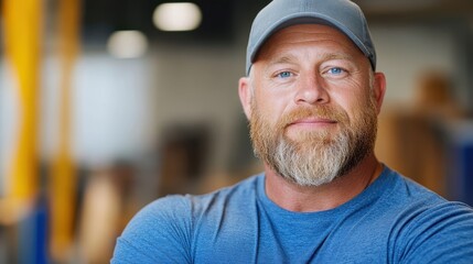 Fototapeta premium Strong builder with beard smiles confidently in a workshop setting
