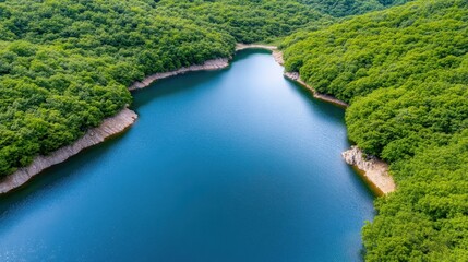 Tranquil blue lake surrounded by lush green forest in serene landscape