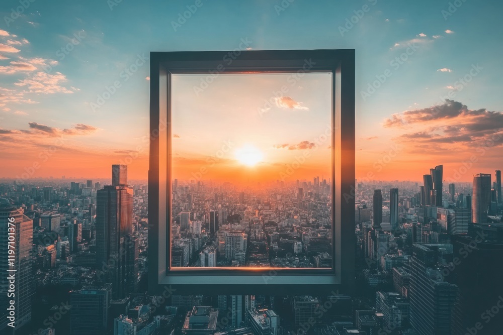 Poster View of a vibrant sunset over the city skyline framed by an empty window creating a perfect text space. Generative AI
