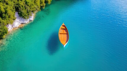 Serene blue lake with a lone boat surrounded by lush greenery