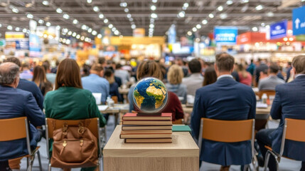 Obraz premium Conference audience with globe on books, showcasing global awareness and education