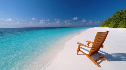 Relaxing chairs awaiting visitors on a serene Maldives beach getaway