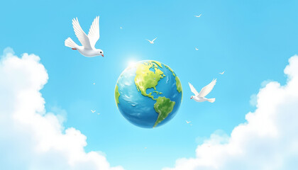 Naklejka premium Earth with Flying Doves for World Peace Day