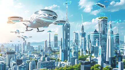 A futuristic cityscape with flying cars and a bright, clear sky.