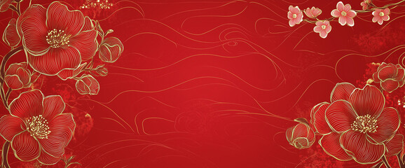 Elegant red background with golden floral line art decoration