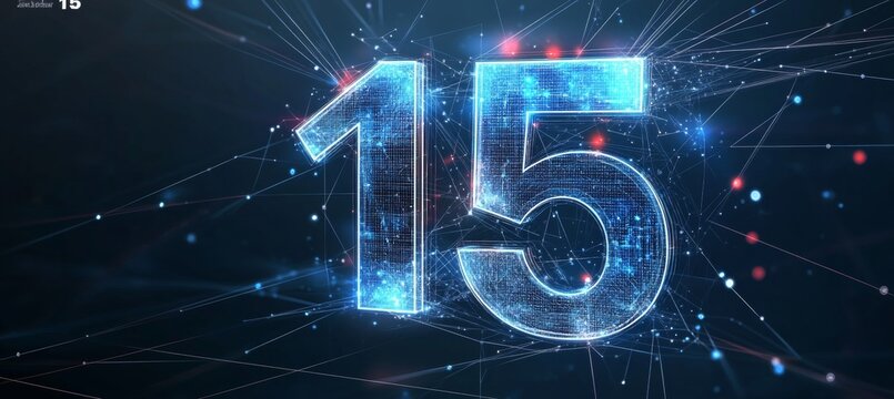 Futuristic Blue Number 15 on Abstract Network Background with Particles and Connections