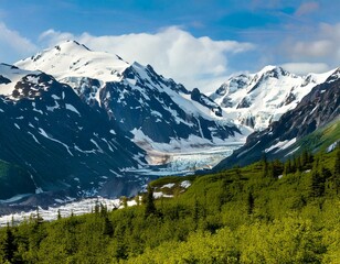 Picturesque Mountains of Alaska in summer. Snow covered massifs,