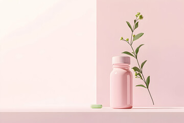 Bottle of dietary supplement on a shelf with a green tablet and a delicate plant against a pastel background