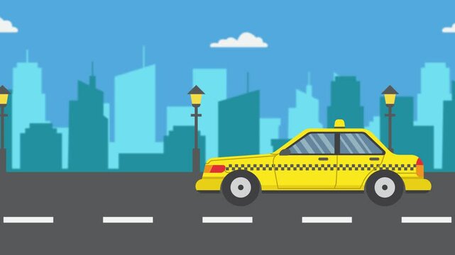 4k animation of City Skyline View with a Yellow Taxi Driving on the Urban Road