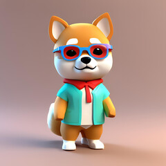 3歳児の赤ちゃんが一人で着ぐるみ姿にスニーカーを履いてメガネをかけ真正面を向いて仁王立ちしている。この赤ちゃんの頭と手足だけを豆柴犬に置き換えて描いてください。色はカラフルにはっきりと。手には白色の手袋をしてください。エモい顔で伊達メガネをかけている - 1