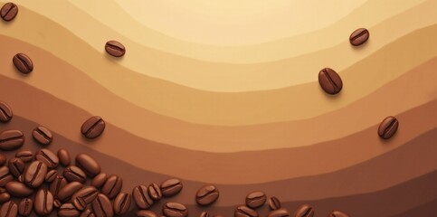 Mocha mousse abstract coffee backdrop. Color of the year 2025. Fresh coffee beans on gradient brown background. Design for cafe, restaurant, bakery, menu. Copy space, flat lay, top view, banner.