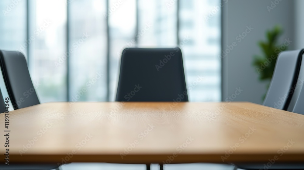 Poster Empty conference room table with chairs and window in background