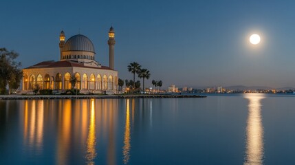 Obraz premium Illuminated Mosque Reflecting on Calm Waters Under a Full Moon