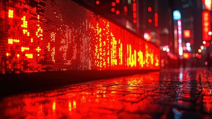 Obraz premium Crimson Cityscape: Night Market Stock Ticker Reflection