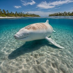 Fototapeta premium A Beluga whale in tropical turquoise waters, surrounded by soft sand.
