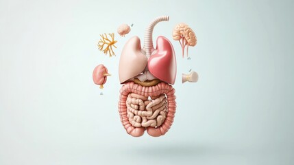 Detailed anatomical illustration of human organs showcasing lungs, heart, brain, and digestive system against soft background