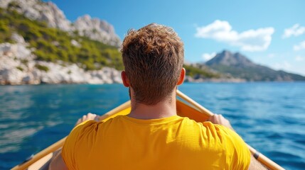 Fototapeta premium Man rows a wooden boat in bright blue waters under a clear sky
