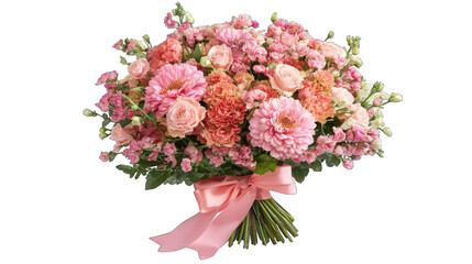 A bouquet of pink flowers with a pink ribbon