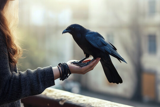 A woman walking a strikingly beautiful black crow perched on her wrist, urban rooftop garden setting, mysterious and stylish mood.