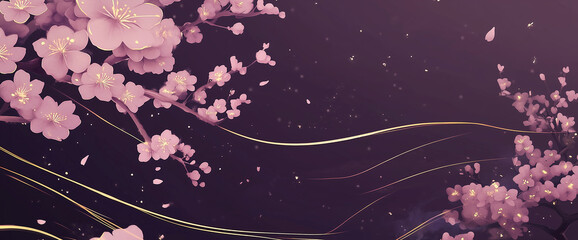 Blooming cherry blossoms on a vivid purple background with golden accents	