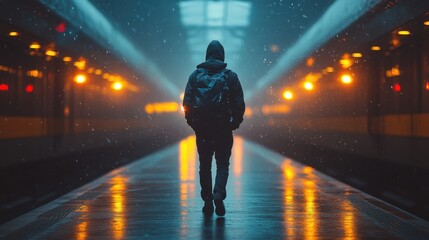 Man walks towards train in quiet railway station under night sky