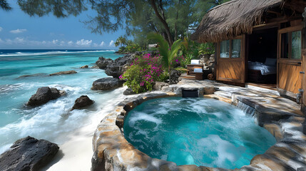 Fototapeta premium Luxury Tropical Getaway: Oceanfront Hot Tub and Private Cabana