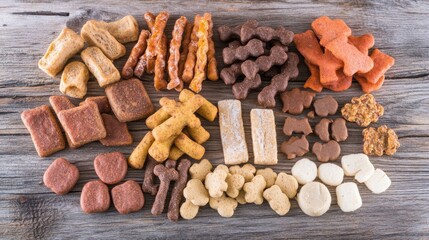 Fototapeta premium A variety of dog treats and chews arranged neatly on a wooden surface.