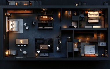 An isolated floor plan of a luxury apartment with sleek black walls, showcasing the layout of key living spaces such as the living room