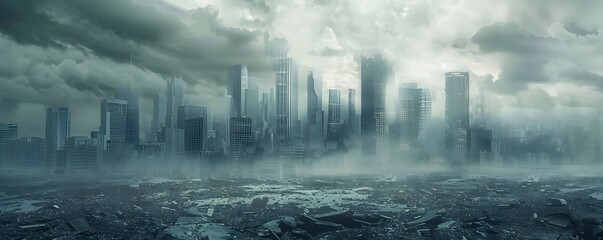 A city skyline with a foggy sky