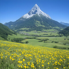 Fototapeta premium Alpine Meadow Dandelions Realistic Image