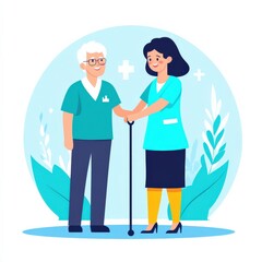 Fototapeta premium Friendly Healthcare Interaction Between Elderly Patient and Caregiver in Modern Clinic Environment