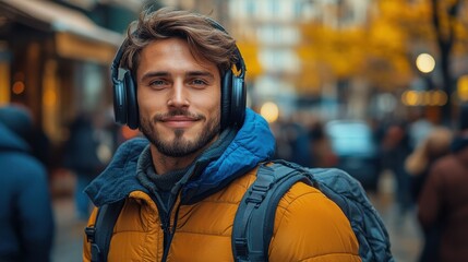 Fototapeta premium Relaxing outdoors while enjoying music on a bustling city street