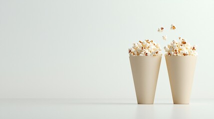 Two paper cups overflowing with popcorn against a white background.