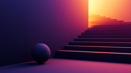 Abstract Gradient Staircase with Textured Sphere and Warm Lighting