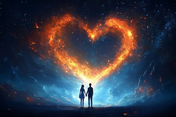 Fototapeta premium Couple holds hands under a glowing heart of stars in a cosmic landscape