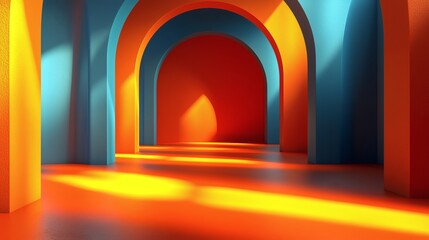 Vibrant Archway:  A mesmerizing display of vibrant blue, orange and red archways, bathed in the warm glow of sunlight.  The light creates a symphony of shadows.