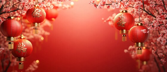  Front View of Chinese new year's frame background. Red Lanterns and Floral cherry blossoms. Red and gold tones. Blurred background. Copy Space. Generative AI