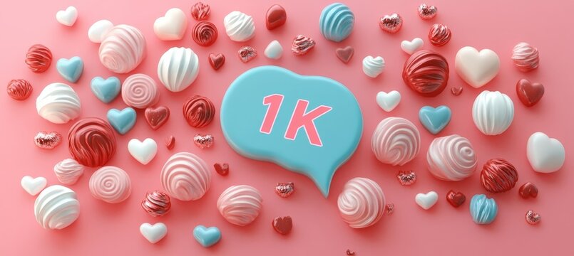 3D Render. Blue Chat Box With Text 1K On Pastel, Swirling Merinuqe Background, Celebration - Powered by Adobe