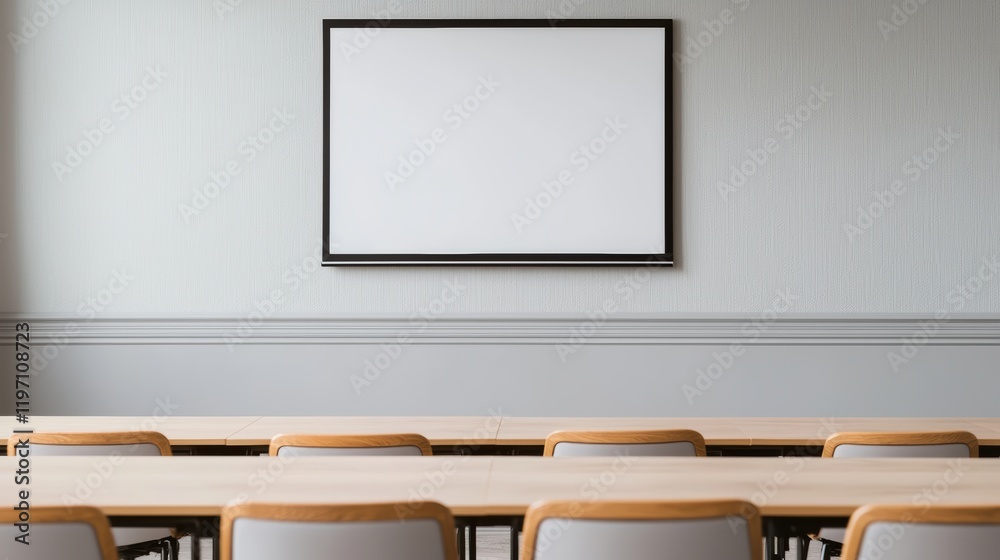 Poster Empty conference room with projection screen showing blank presentation and comfortable chairs