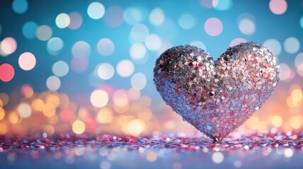 Fototapeta premium Glimmering Heart Shaped Decoration on Colorful Background with Bokeh Lights for Romantic or Festive Themes