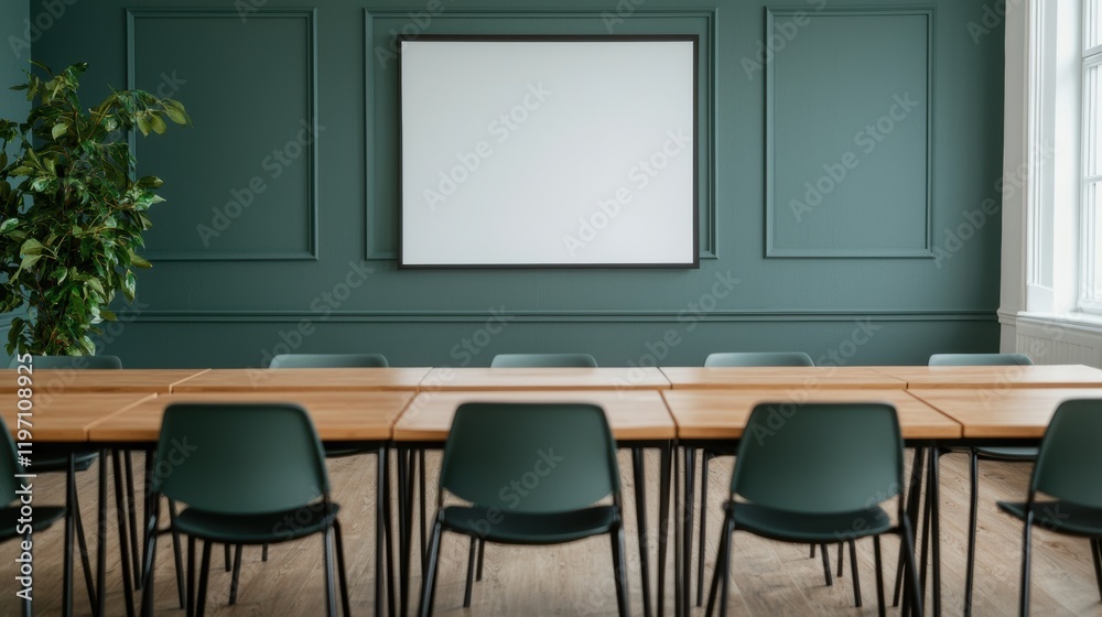 Poster empty conference room with large display screen and comfortable chairs, ready for a presentation