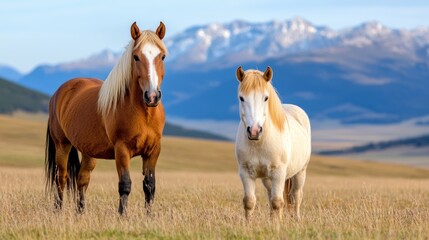 Horses gracefully roaming in a breathtaking meadow under clear skies