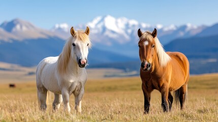 Majestic horses grazing peacefully in a vibrant mountain meadow