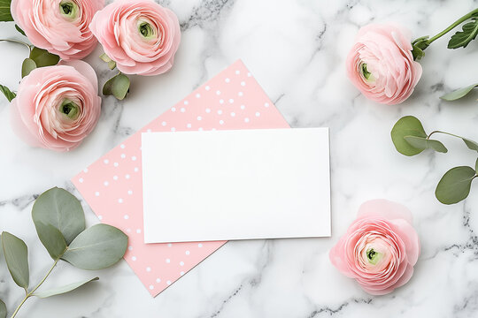 Pink floral greeting card design with envelope on marble surface