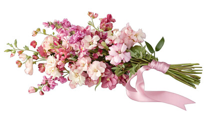 A bouquet of pink flowers with a pink ribbon